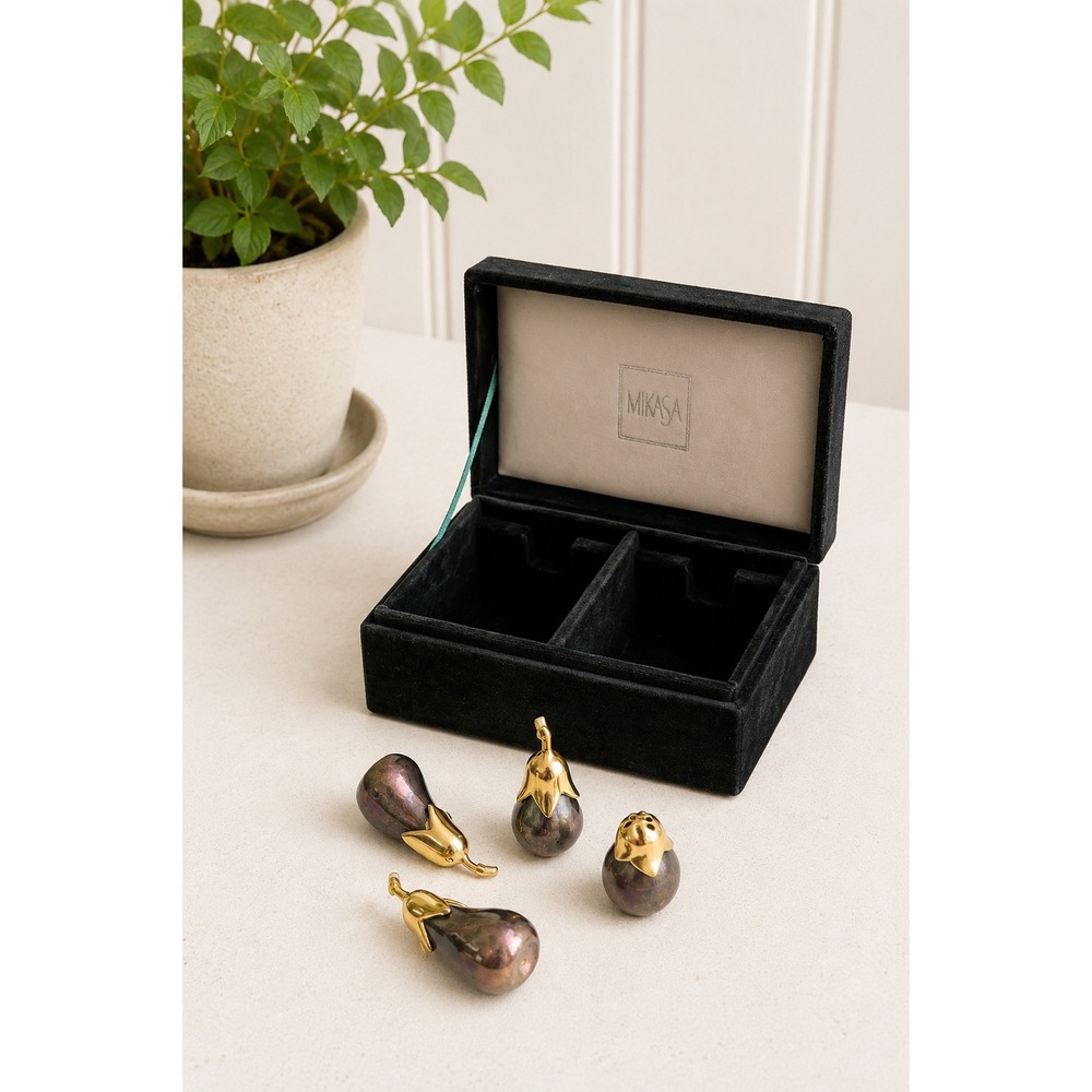 Vintage Silver Plated‎ Eggplant Salt & Pepper Shakers Gold Tops Mikasa Box Set